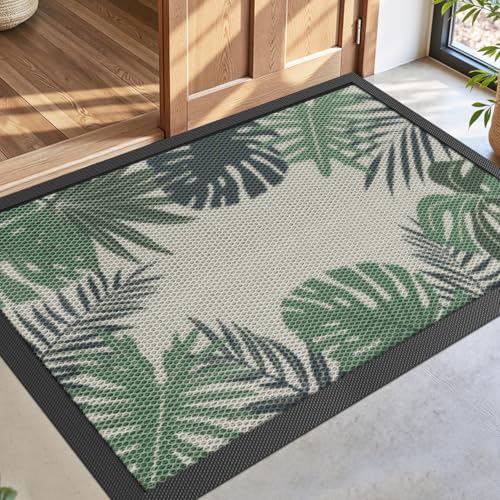 DEXI Front Door Mat Outside Entrance, Summer Tropical Leaves Plant Doormat, Non Slip Dirt Resist Heavy Duty Entry Mats for Entryway, 32x48, Olive Green
