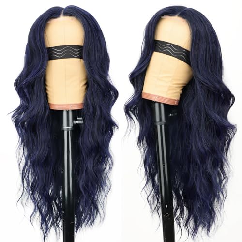 Image of AISI HAIR Dark blue Wigs for Women, Long Wavy Lace Hairline Middle Part Synthetic Heat Resistant Wig for Daily Party-26 Inch