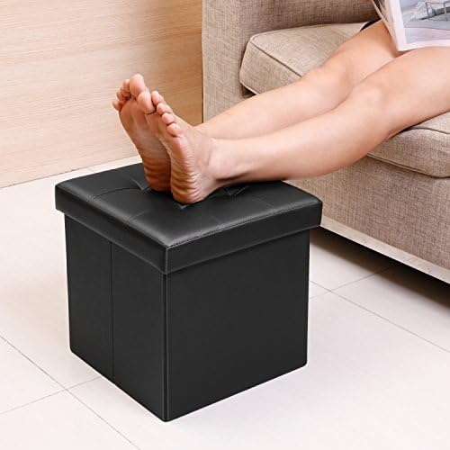 Bonlife Pack of 2 Black Folding Storage Ottoman Box,Footstool Faux Leather Storage Box with Lid,Toy Chest Cube Foot Rest Seat 32cm