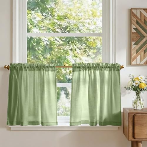TOPICK Rideaux Cuisine Court Brise Bise, Vert 65L x 60H(cm) 2 Panneaux à Passe Tringle Petit Rideau, pour Fenêtre Placard Meuble Bas Chambre Cache Evier,en...