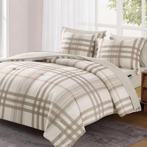 Image of MaiReve Full Size Comforter Set Brown Grey, Classic Plaid Farmhouse Bedding Sets 7 Pieces, All Season Lightweight Bed in a Bag with Sheets, Pillowcases & Shams