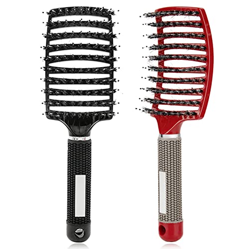 Curved Hair Brush and 2 Packs of 9.8 Inches Hair Brush,Professional Hairstreaq Detangling Brush for Women Men Best Brush for Tangled Hair for Wet Dry Curly Thick Straight Hair 2PC (Red and Black))