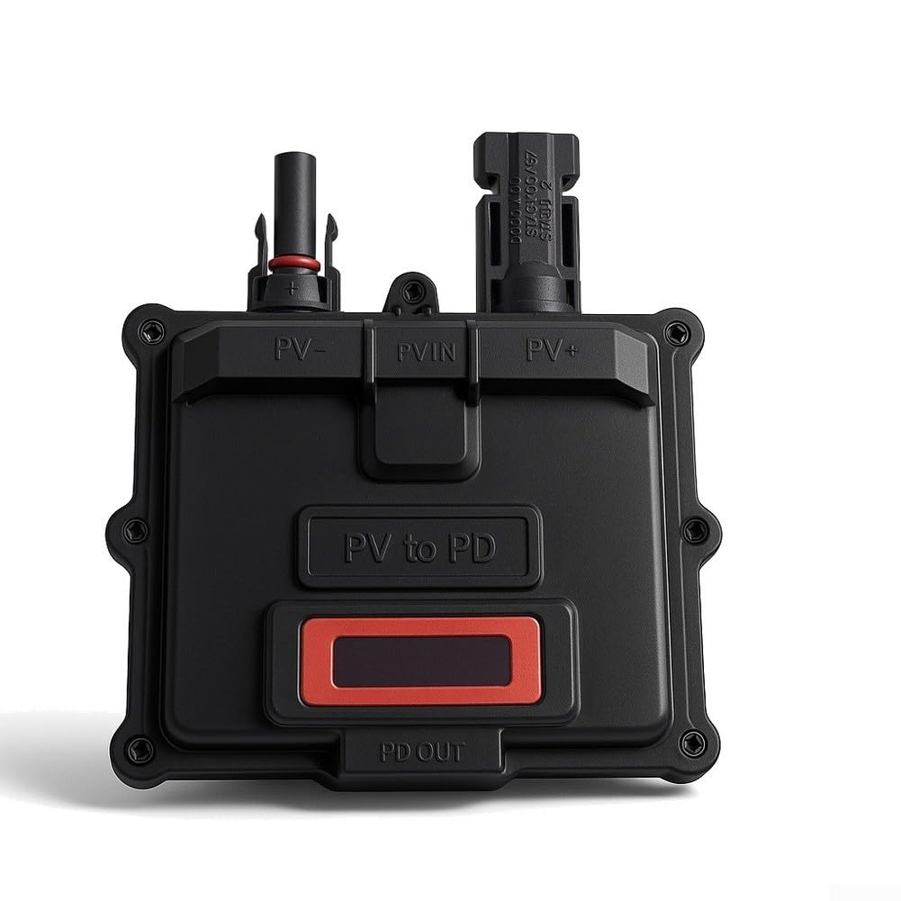 Caricatore solare portatile da 65 W con ricarica rapida per laptop, telefono, tablet e display che mostrano potenza e temperatura in tempo reale