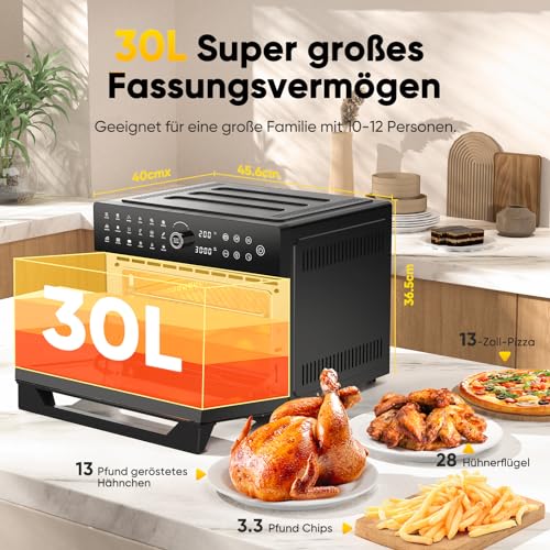 30L Heißluftfritteuse XXL Minibackofen mit LED-Touchscreen, Minibackofen mit Umluft mit 20 Programmen und Zwei Kochmodi, 1800W Heissluftfritteuse Air Fryer Oven ohne Öl, 8h Timer, Rezeptbuch,7 Anhänge – Bild 4