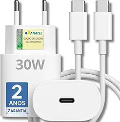 Carregador Turbo 30W Compatível iPhone 15/16/17-16 PRO, 16 PRO MAX iPhone 15 PLUS 15 PRO 15 PRO MAX, GALAXY - Todos ANDROID Entrada TIPO-C + Cabo Reforçado USB-C - Fast Power