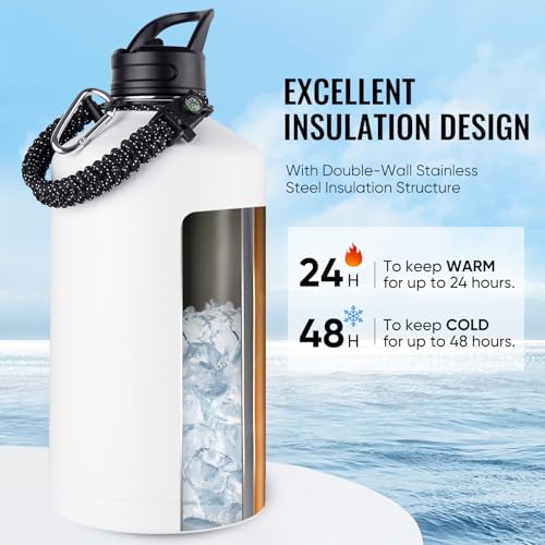 Image of Fijinhom Gallon Water Bottle with 2 Lids (Straw & Spout), 304 Stainless Steel Water Jug with Handle and Wide Mouth, 1 Gallon Vacuum Double Walled Jug for Sports, Outdoors, Leak-Proof, White 128 oz