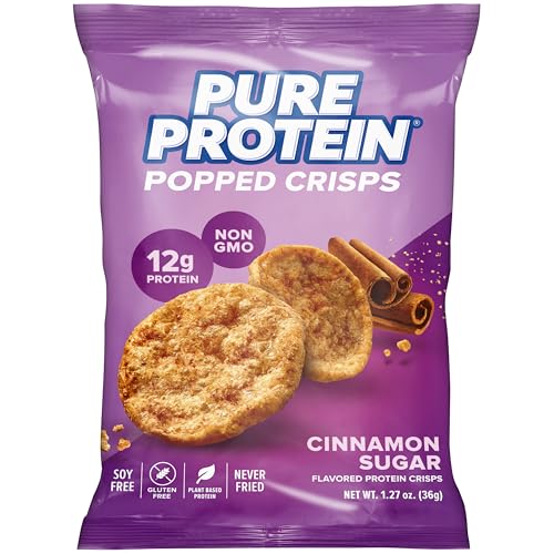 Pure Protein Cinnamon Sugar Popped Crisps - 12g Plant Based Protein Gluten Free Non GMO Vegan Air Popped & Puffed Crisps Healthy Protein Snacks 12 Pack