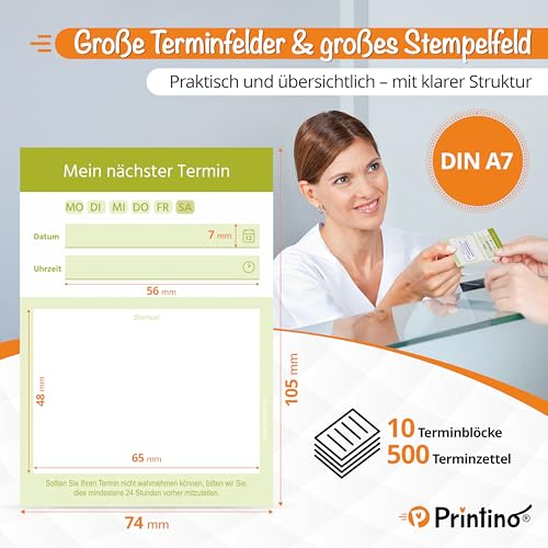Printino Terminblöcke – Terminzettel DIN A7 – 10 Blöcke mit 500 Terminkarten – Offsetpapier 80 g/m² – großes Stempelfeld – klar strukturiert – 3 Farben – für Praxen, Studios, Friseur, Kosmetik (Grün)