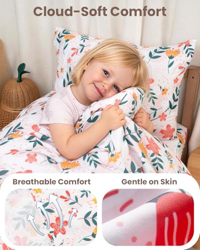 Image of TinyPalsa 4-Piece Toddler Bedding Set, Toddler Bed Comforter Set for Girls | Includes Comforter, Fitted Sheet, Flat Sheet & Pillowcase, Flowers