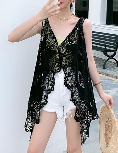 Image of FindThy Women's Hollow Knitting Stitch Cardigan Open Front Draped Boho Hippie Crochet Vest