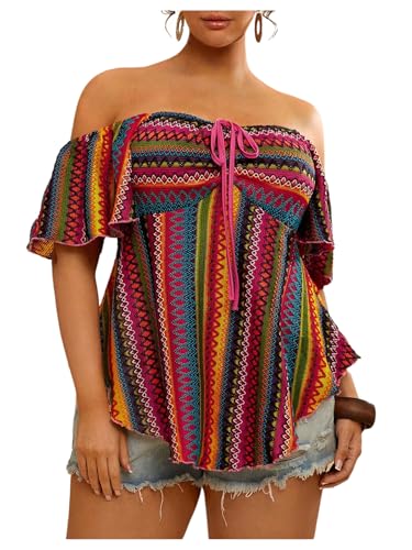 WDIRARA Women's Plus Size Boho Striped Off The Shoulder Tee Shirt Asymmetrical Ruffle Short Sleeve Peplum Tops