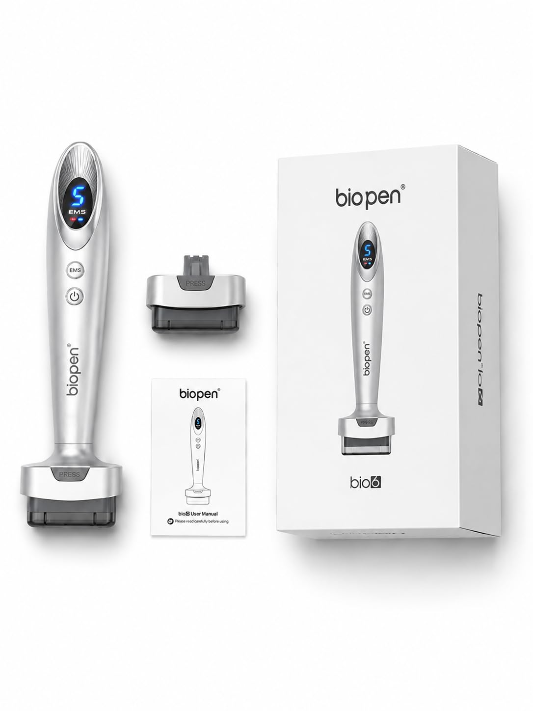 Biopen Bio6 Derma Stamp - Rodillo eléctrico 4 en 1 para tratamiento de la pérdida de cabello en la cabeza, antienvejecimiento, estiramiento de la piel, aclarado, imperfecciones, tratamiento de la