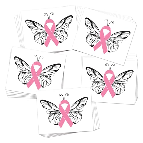 Butterfly Pink Ribbon Breast Cancer Awareness Temporary Tattoos 25pk Waterproof Skin-Safe Designs for Events Fundraisers & Supporters (Butterfly 25pk)