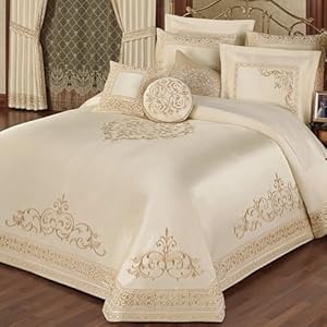 Touch of Class Versailles Luxury Bedding | Classic Neutral Pearl | Palace-Inspired French Style Golden Scrollwork Embroidery on Sateen | Designed 3 Piece Set: Queen Bedspread & 2 Standard Shams