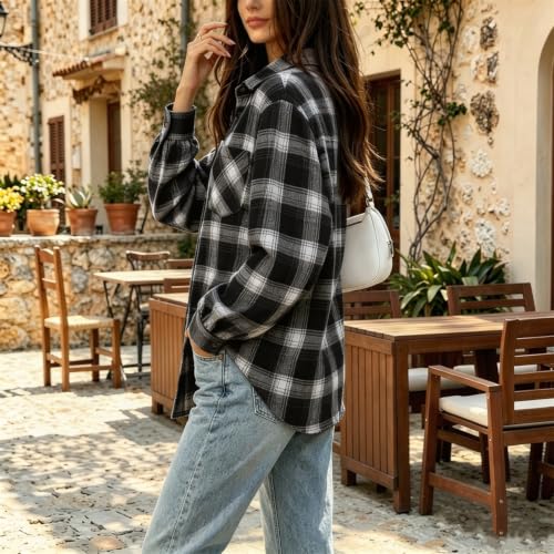 Black Plaid Shirts for Women Button Down Fashion Jacket with Chest Pocket - image 5