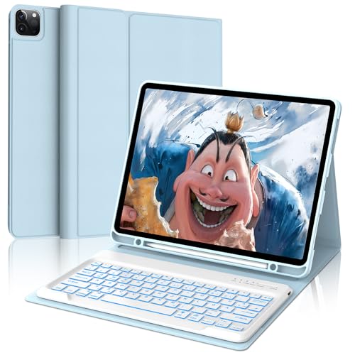 FOGARI Hülle mit Tastatur für iPad Pro 12.9 (6/5/4/3 Gen), 7 Farben Beleuchtung, Deutsches QWERTZ, Magnetisch Abnehmbarer Bluetooth Tastatur für iPad 12,9 Zoll, Hellblau