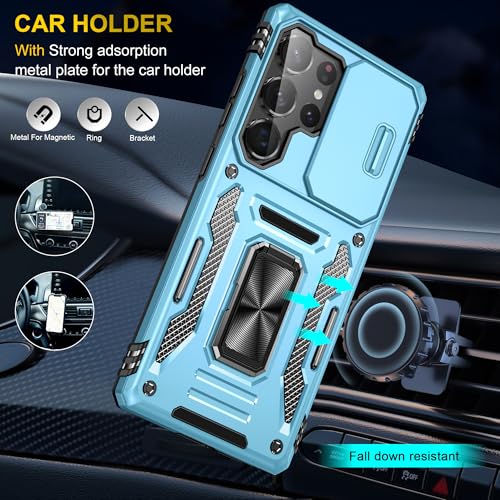 Image of Polycarbonate Slide Camera Cover with Ring Holder Mobile Phone Back Cover for Samsung Galaxy S25 Ultra (Blue)