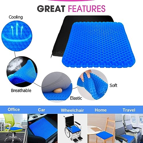 Image of Extra Large Gel Seat Cushion for Long Sitting Pressure Pain Relief (Blue) | 17x17inch Large & Thick Gel Cushion, Breathable Cooling & Soft Seat Cushion, Multiuse for Office Home Wheelchair Car Airplane