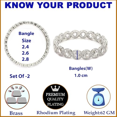 Image of ZENEME Rhodium Plated Silver Toned White American Diamond Studded Bangles Set Of 2 For Women & Girls