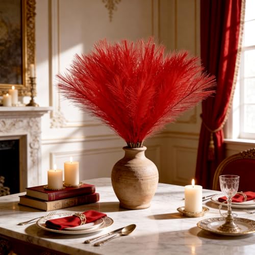 Naplings 50pcs Red Pampas Grass 21.6 Inch Non-Shedding Faux Pampas for Bold Passionate Home Vibrant Boho Weddings and Rich Tone Vase Arrangements