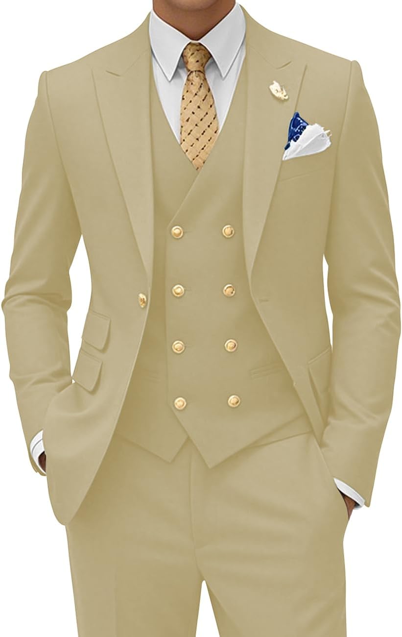 3 Piece Regular Fit Suit for Men Double Breasted Men Suits Gold Buttons Wedding Prom Jacket Vest Pants
