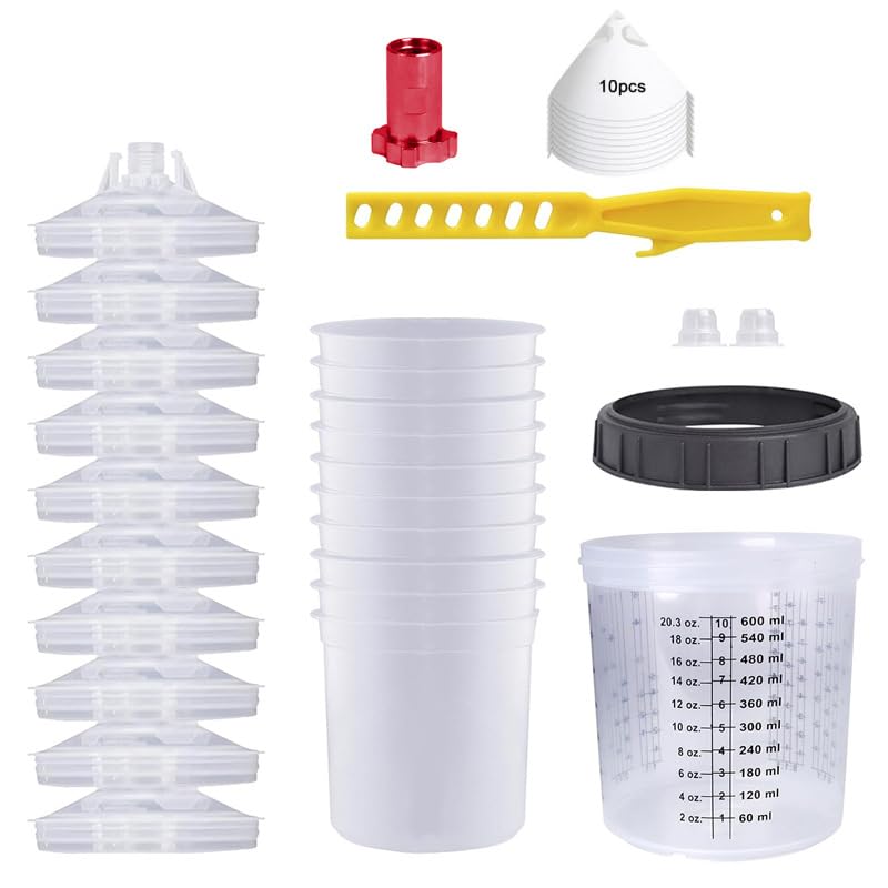 VOBOR Juego de vasos de mezcla de pintura desechables de 600 ml, juego de 10 vasos interiores + 10 embudos de papel + 1 adaptador + varilla agitadora, para mezclar, aplicar y almacenar pinturas, base