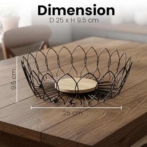 Image of Go Hooked Decorative Metal Wire Fruit Basket with Wooden Base for Home & Dining Table 10Inch | Open Wire Countertop Fruit Bowl for Vegetables, Snacks & Bread | Modern Home Decor Storage Basket (VM15C)