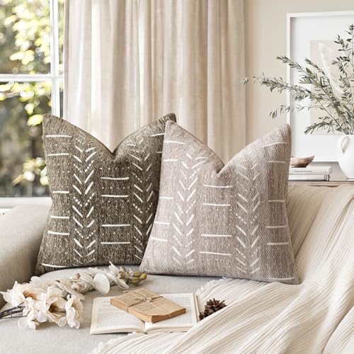 Image of Foindtower Set of 2 Decorative Chenille Jacquard Throw Pillow Covers Textured Farmhouse Vintage Cushion Cover Neutral Boho Accent Home Decor For Sofa Chair Couch Bed Living Room,18x18 Inch,Light Taupe