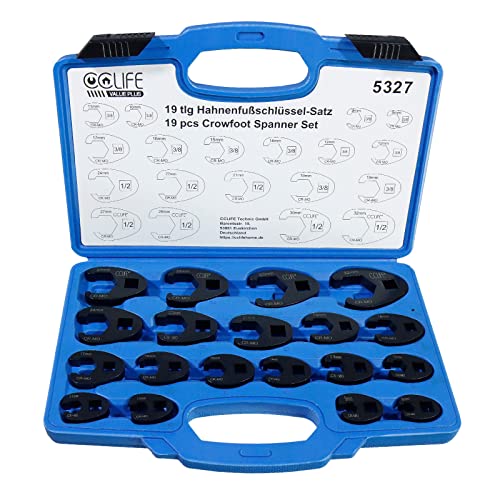 CCLIFE 19pcs Jeu de Clé à Tuyauter à Tête Pivotante 1/2' et 3/8' Clé à Fourche, Clé Polygonale Ouverte 6 pans, Clé Crowfoot Taille de 8-32mm Matériau...