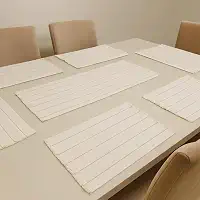 Jogo Americano 7 Peças em Algodão Feito em Tear – Caminho de Mesa e Sousplat Decorativo Chic para Mesa de Jantar (Cru com listrado bege)