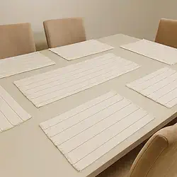 Jogo Americano 7 Peças em Algodão Feito em Tear – Caminho de Mesa e Sousplat Decorativo Chic para Mesa de Jantar (Cru com listrado bege)