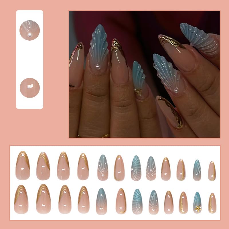 French Golden Edge Press On Nails - Summer Pearl Design