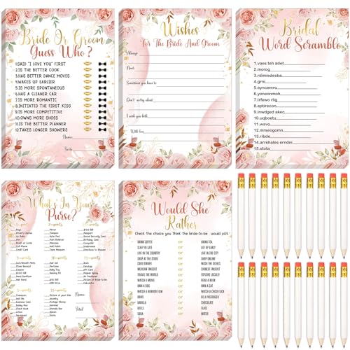 Teling 145 Pieces Bridal Shower Game Bridal Shower Favors Set Wedding Games Cards and Pencils for Bride Groom Bachelorette Party Wedding Party Favor(Pink Floral)