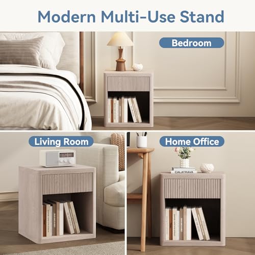 Image of OLIXIS Set of 2 Modern Nightstand, 22.7 inch Fluted Drawer Wood Bedside Table | Compact white oak nightstand with drawer & open shelf, sturdy multi-use end table for bedroom, sofa side table, entryway