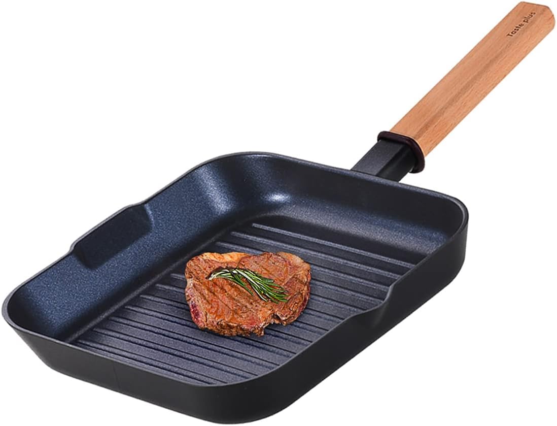 Taste plus 9.5 Inch Nonstick Grill Pan Induction, Square Steak Grill Pan with Wooden Handle and Pour Spout: Home & Kitchen