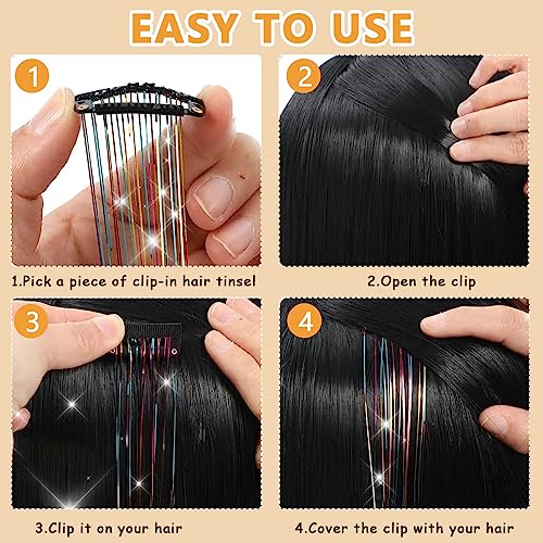Image of MAYCREATE 6pcs Hair Tinsel Extensions, Brown Glitter Tinsel Strands, 20.5 inch Clip-on Shiny Tinsel Hair Extension, Heat Resistant Fairy Hair Glitter Kit for Women Girls Halloween Cosplay Party