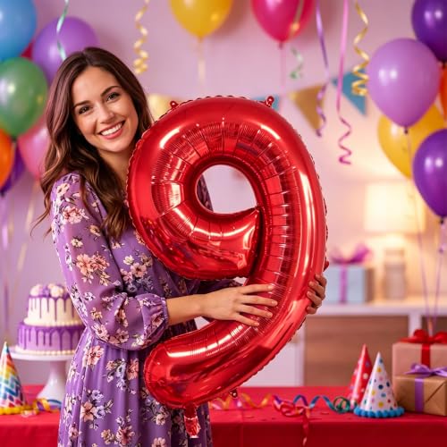 Image of Number Balloons Red Party Balloon - 40 Inch Large Number 9 Balloon, Numbers Balloon Birthday Decorations, Red Party Supplies for Anniversary