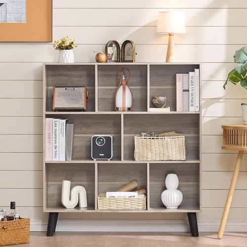 LEYAOYAO 8 Cube Bookshelf,3 Tier Bookcase with Legs,Modern Grey Mid-Century Bookshelves,Large Farmhouse Open Storage Organizer Shelf, Retro Wooden Display Book Case for Bedroom,Living Room,Office