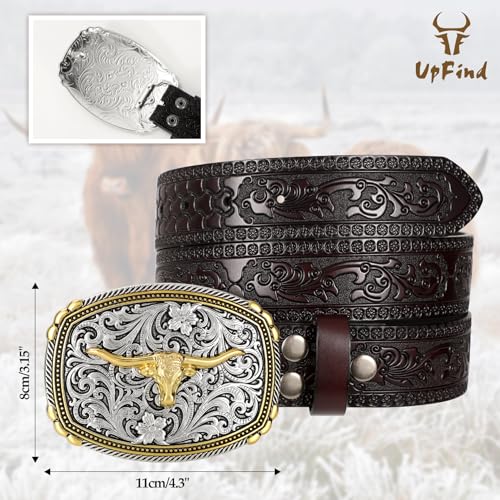 Western Leather Belt for Women Men Jeans Tooled Cowboy Cowgirl Belt with Silver Longhorn Buckle for Rodeo Casual Wear4