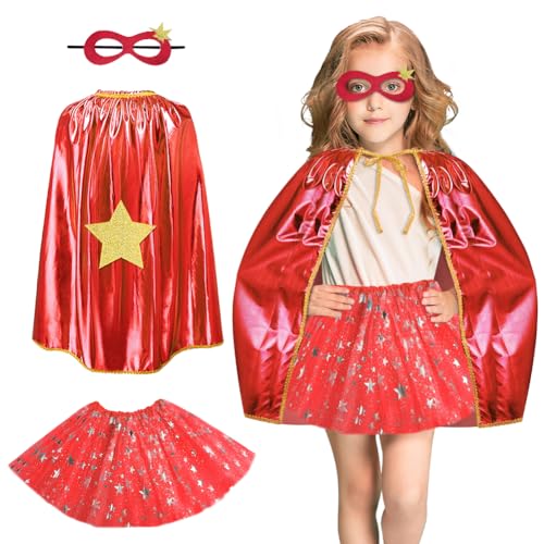 AUYAO Superheld Cape Fünfzackiger Stern Costume Kids 3Pcs Supergirl Doppelseitiges Umhang mit Maske und Rock Halloween Kostüm Kinderkostüm Mädchen Faschingskostüme Karneval Cosplay Cape Kinder (A-Rot)