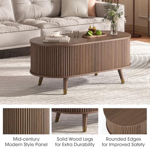 Image of JOINICE Oval Lift Top Coffee Table with Storage for Living Room,43 inch,Walnut | Large Hidden Storage,Mid Century Fluted Panel,Pop Up Center Table with Wooden Legs,Lifts to 22.4 inch,Holds 88lbs,Easy Assembly