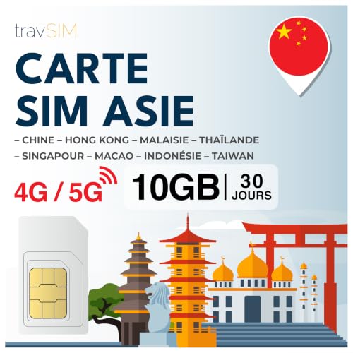 travSIM Carte SIM Asiatique | 30 Jours – 10 Go | Carte SIM Asie, Utilisation à Macao, Chine, Hong Kong, Malaisie, Thaïlande, Singapour et Plus | Accès à...