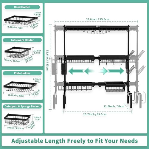 Image of Over The Sink Dish Drying Rack,Expandable Length 3-Tier Large Stainless Steel Over The Sink Dish Rack with 6 Baskets, Utensil Holder Dish Drainers for Kitchen Counter