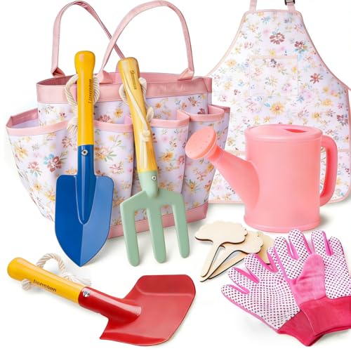 Kids Gardening Tools Set Toddler Gardening Kit with Apron & Tote Bag Shovel Fork Trowel and Gloves Outdoor Gardening Toys Easter Gifts for Children Ages 3-10