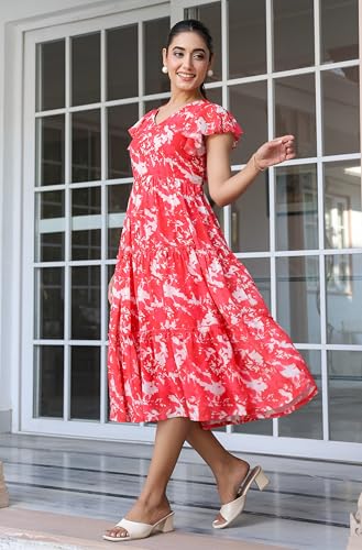 Image of Janasya Women's Georgette Printed Flared Western Dress