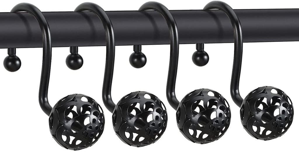 12pcs/Set Black Shower Curtain Hooks Rings Metal Rustproof Hangers for Bathroom Curtains Rods Hollow Ball Design