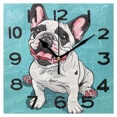 Peystean Orologio da parete quadrato da 20,3 cm, motivo bulldog francese seduto, senza ticchettio, funzionamento a batteria, analogico, silenzioso, per casa, cucina, ufficio, scuola, biblioteca