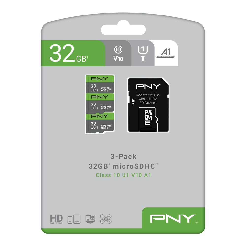 PNY Scheda di memoria flash microSDHC™ da 32 GB, classe 10 U1 V10 A1, velocità di lettura rapida, UHS-I, foto Full HD continue, video HD, prestazioni quotidiane veloci, per tablet, droni, fotocamere