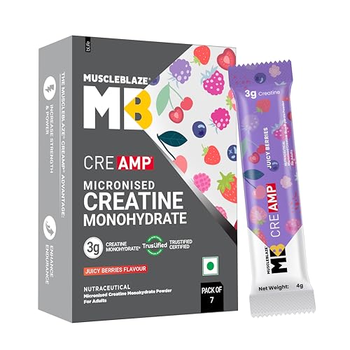 Image of MuscleBlaze Micronised Creatine Monohydrate CreAMP Powder, 7 Sachets | Juicy Berries | Trustified Certified Creatine