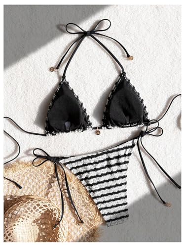 SOLY HUX Women's Striped Swimsuit Halter Triangle String Bikini Set Tie Side Two Piece Bathing Suit2